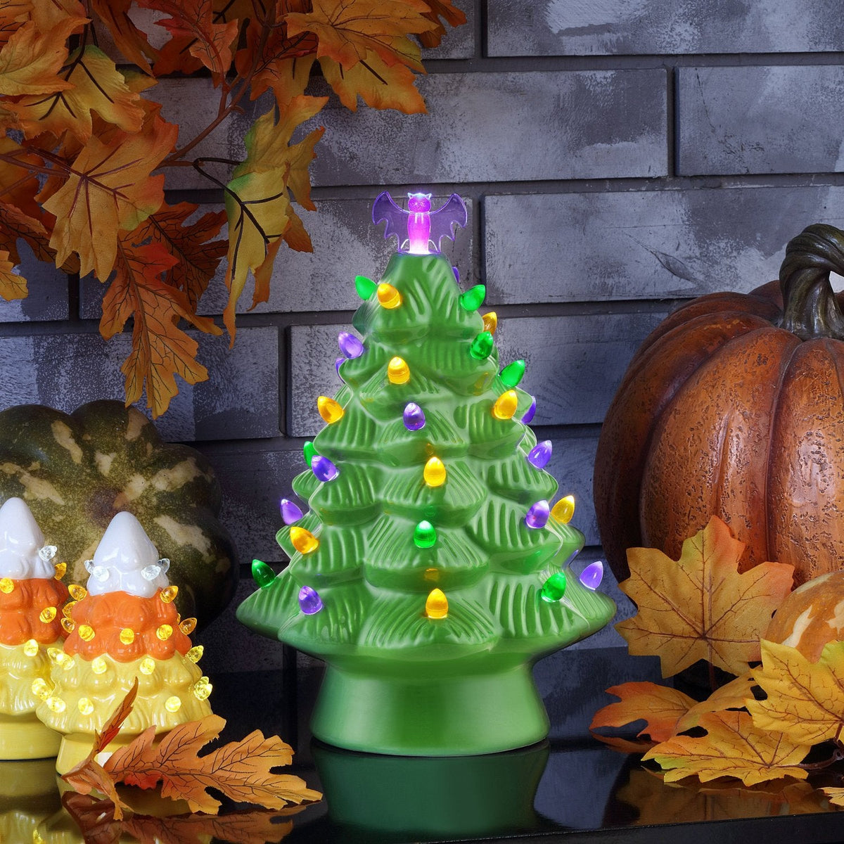 12" Retro Inspired Nostalgic Halloween Ceramic Tree Bat Top w/ LED Lights