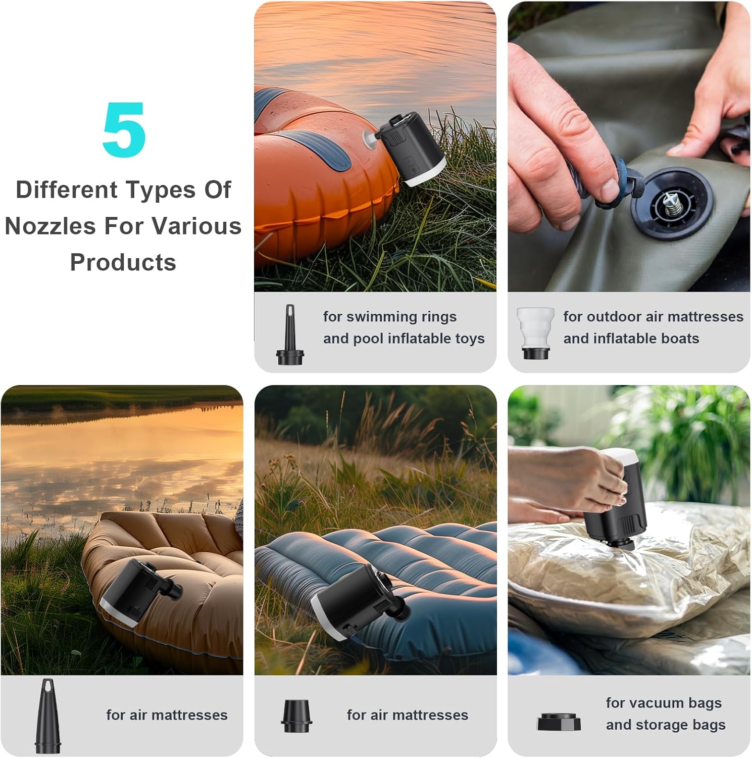 Mini Air Pump with LED Light, 5 Nozzles & 4000mAh Rechargeable Power Bank