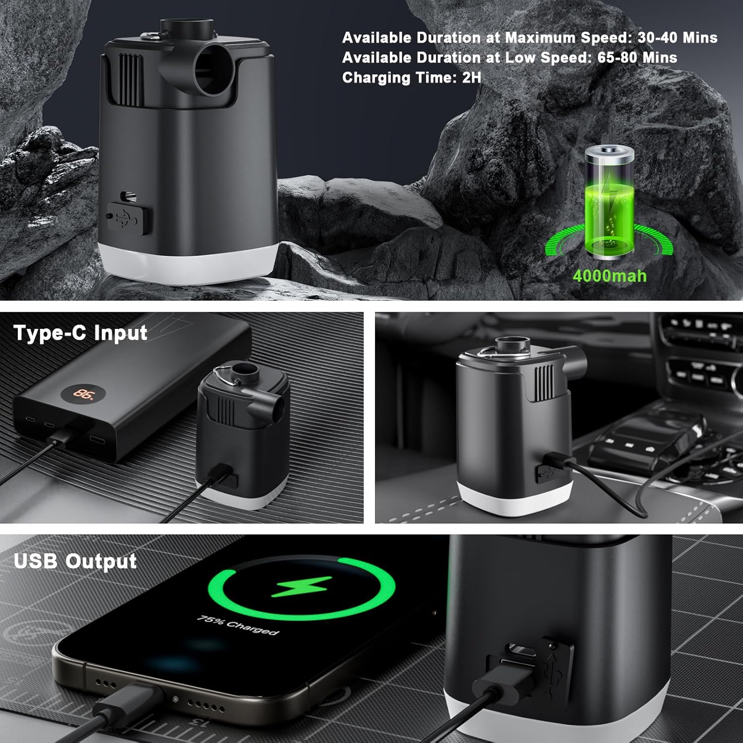 Mini Air Pump with LED Light, 5 Nozzles & 4000mAh Rechargeable Power Bank