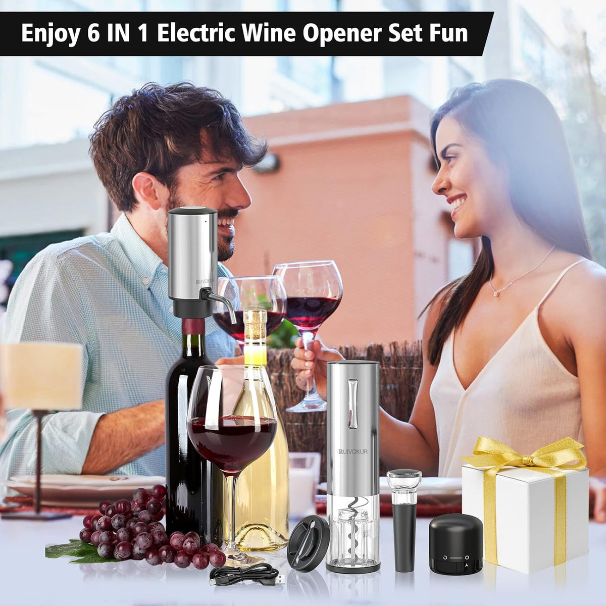 6-in-1 Electric Wine Opener Set – Rechargeable & Stainless Steel