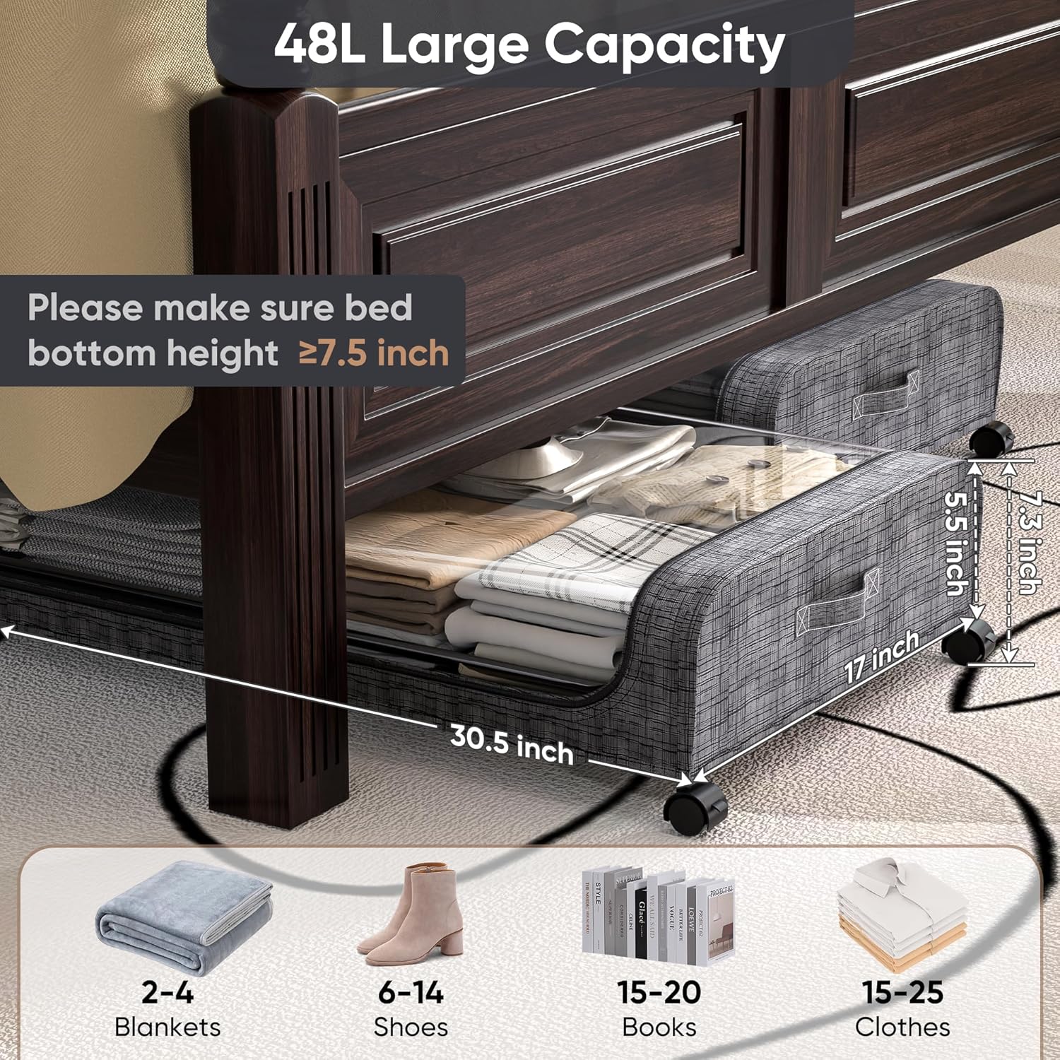 2pk Under Bed Storage with Wheels – 48L Capacity With Lid