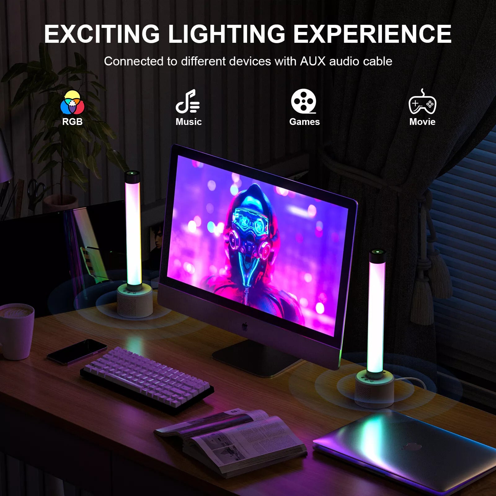 Set of 2 Bluetooth LED Light Bar with Speaker – Sync Music Reactive Ambience Lights
