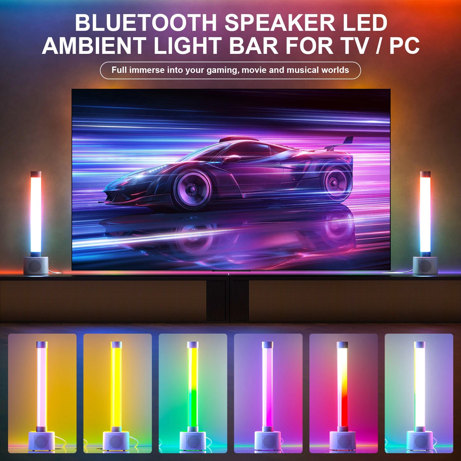 Set of 2 Bluetooth LED Light Bar with Speaker – Sync Music Reactive Ambience Lights