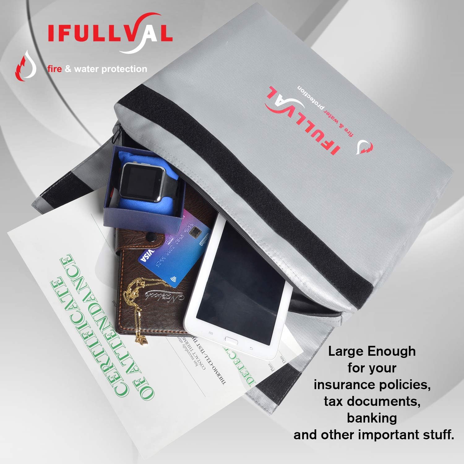 Ifullval Fireproof Document Bag – Fire & Water Resistant Safe Storage for Cash, Jewelry, Documents – Withstands up to 2,000°F