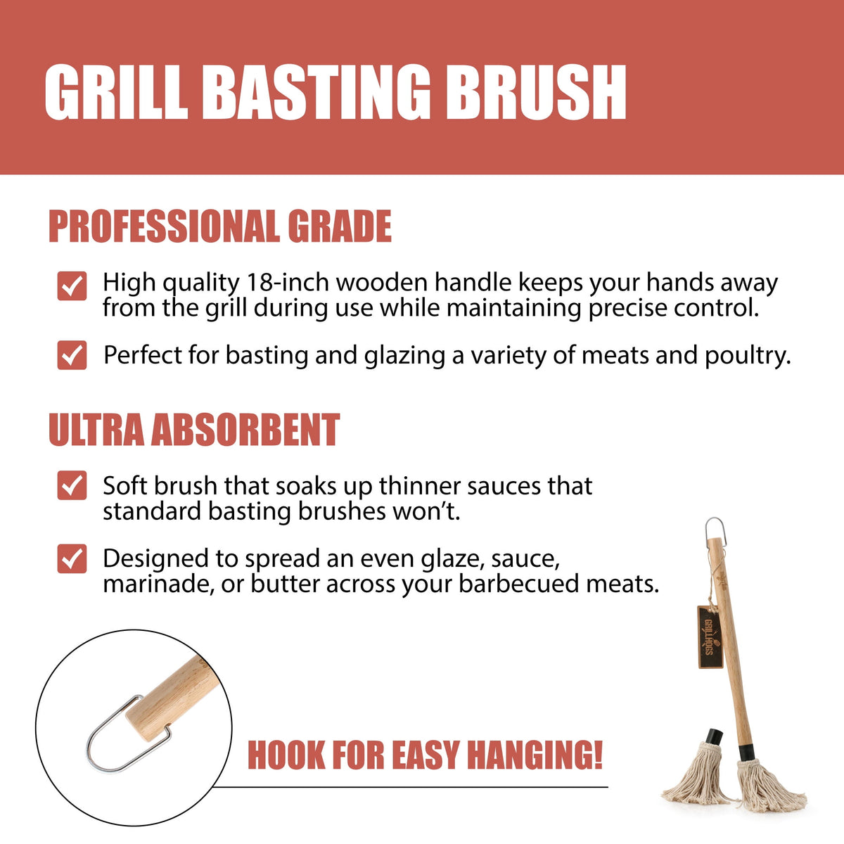 GRILLHOGS 18-Inch BBQ Basting Mop – Wooden Handle + 3 Mop Heads