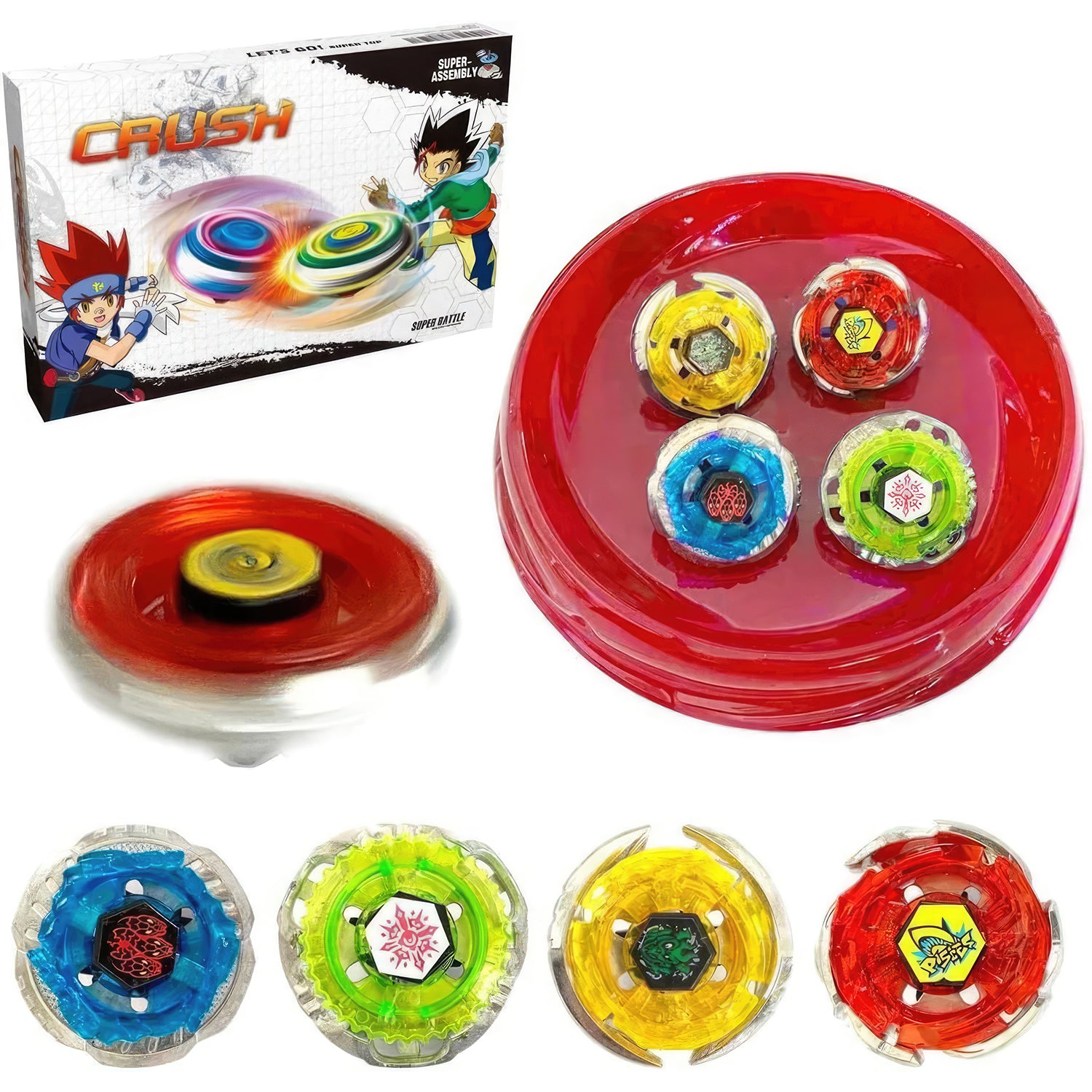 Crush Battling Tops Set – 4 Spinning Tops + Launchers, High-Speed Metal Battle Game