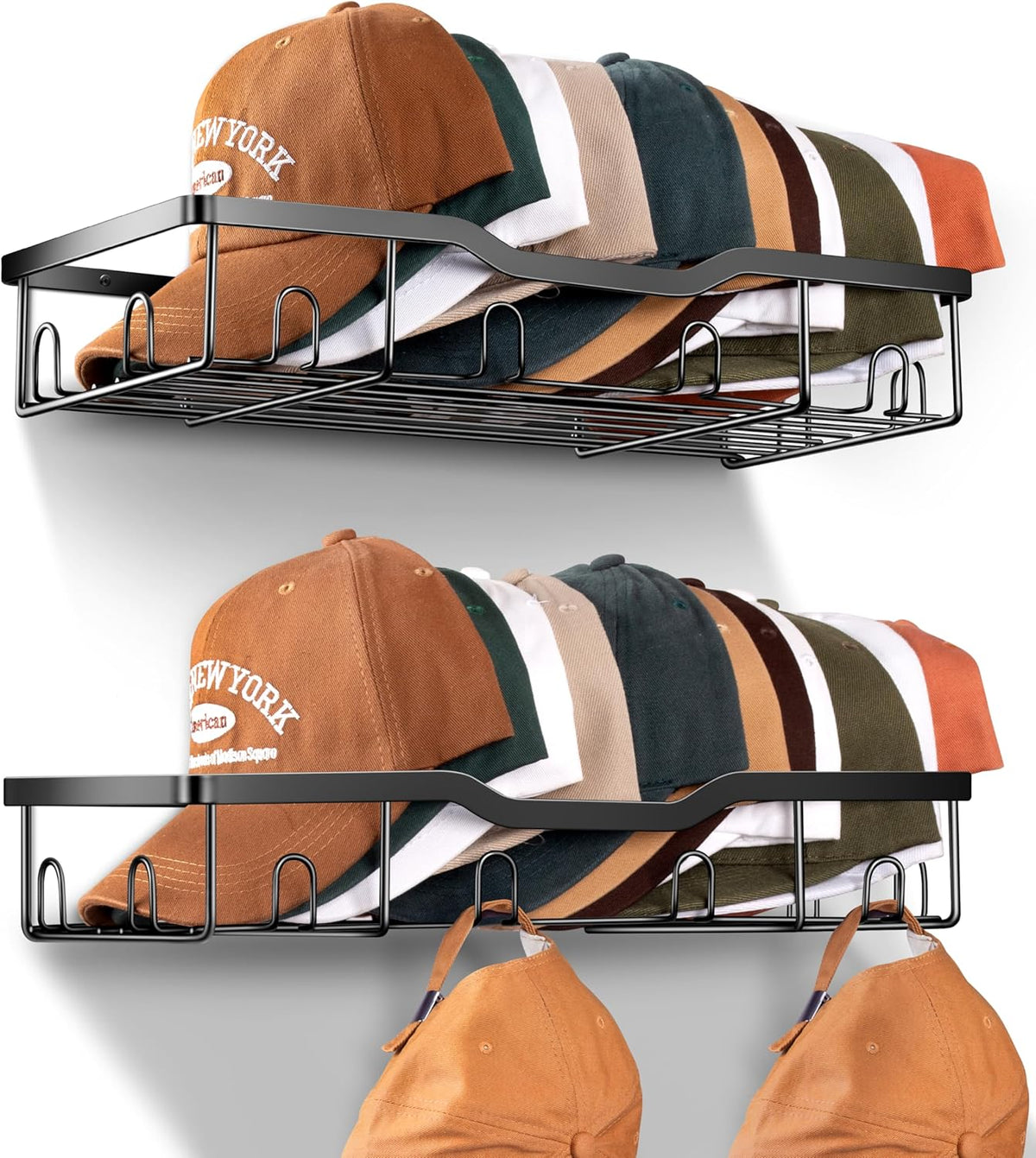 2pk Wall-Mounted Hat Organizer – Sturdy Metal Cap Rack for 40+ Hats