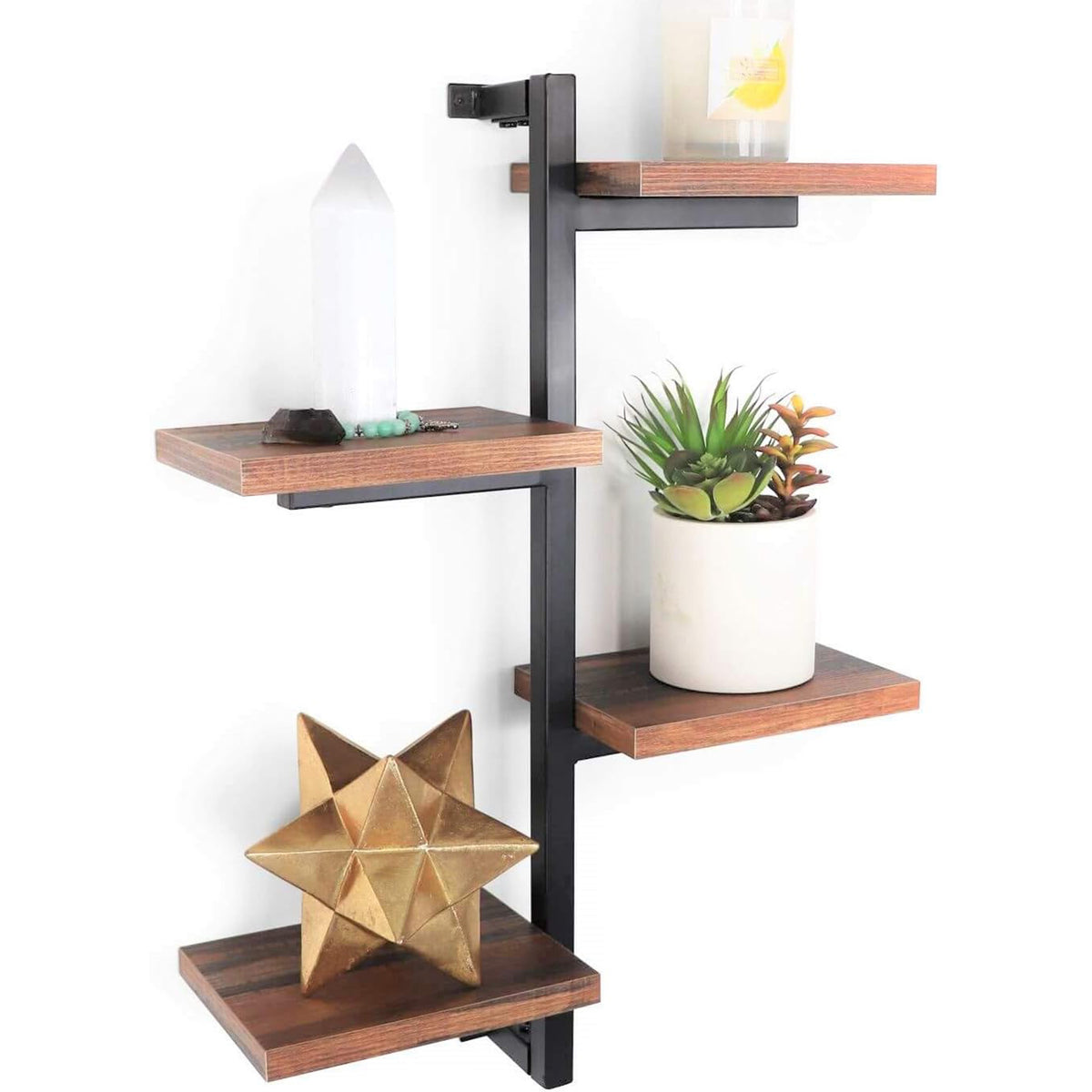 Rustic 4-Arm Floating Wall Shelf – Space-Saving Decorative Shelving with Metal Brackets
