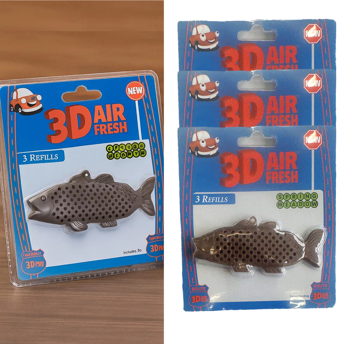 3pk 3D Fish Air Freshener – Long-Lasting Spring Meadow Scent + 3 Refills