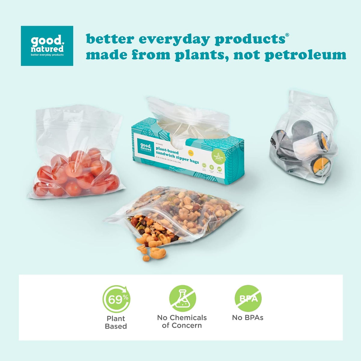 Eco-Friendly Plant-Based Reusable Sandwich Bags – Quart Size, 40-Pack, BPA-Free Zipper Bags