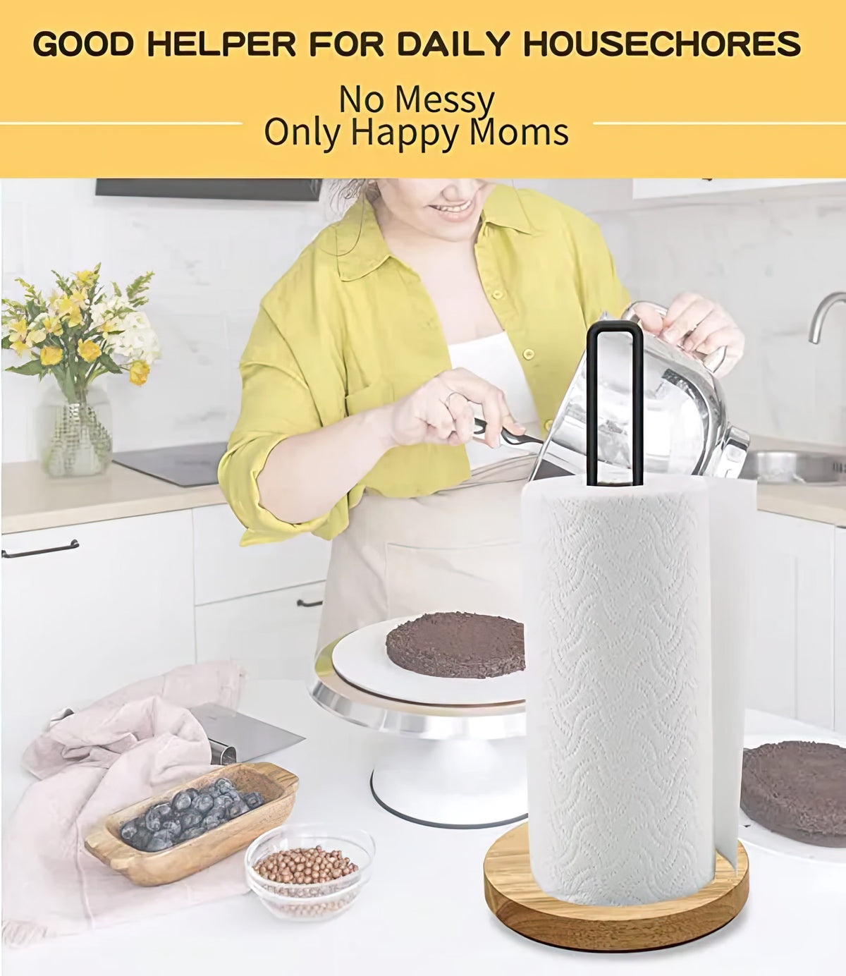 Modern Countertop Paper Towel Holder –Wood & Metal Stand with Non-Slip Base