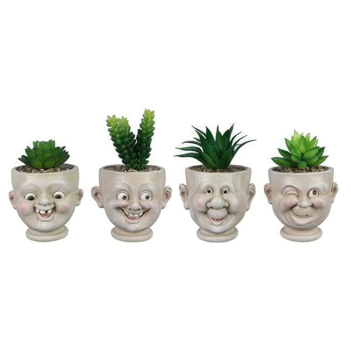 Funny Face Succulent Planter Set – 4 Assorted Resin Pots with Faux Plants, Whimsical Home Decor