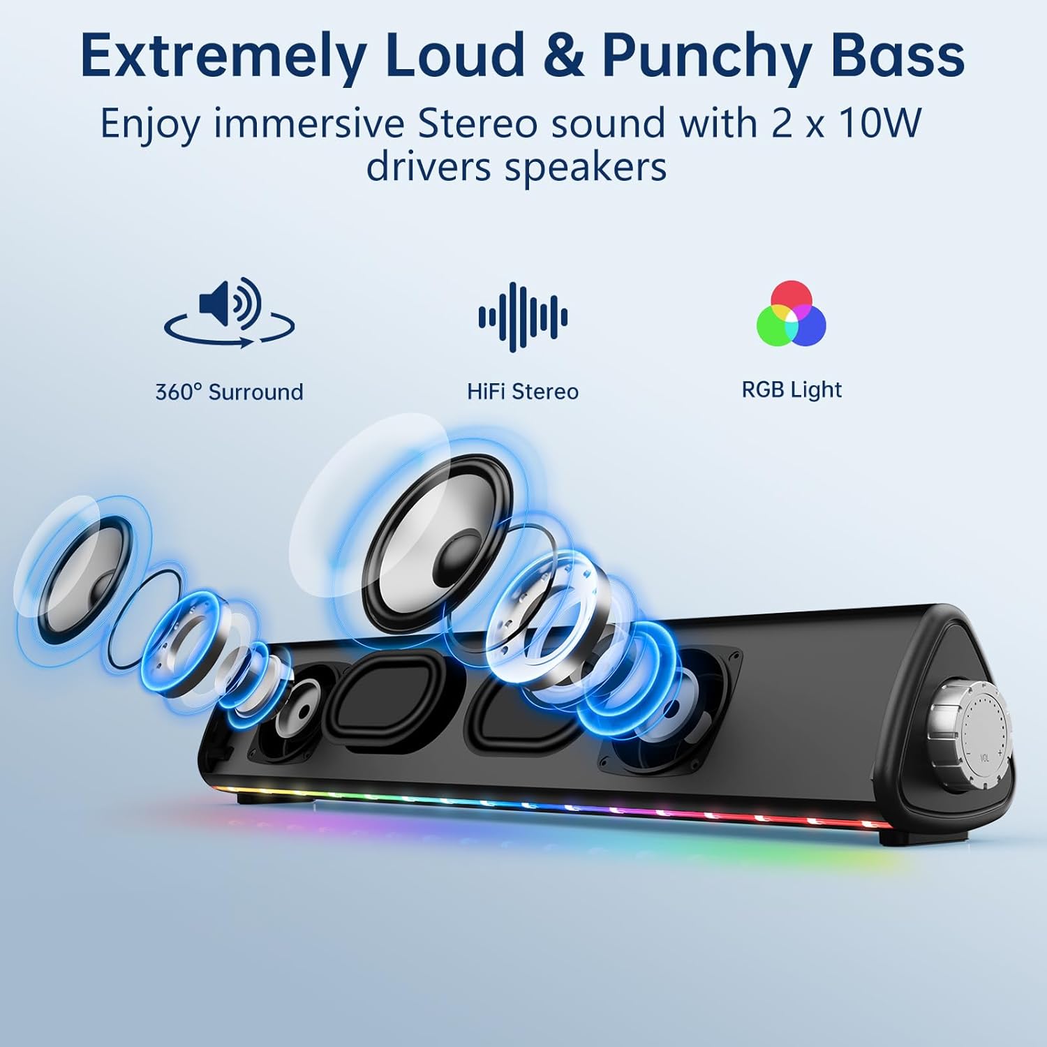 Bluetooth Computer Speaker – 20W Hi-Fi Soundbar with RGB Lights, AUX/Bluetooth, All-in-One Control