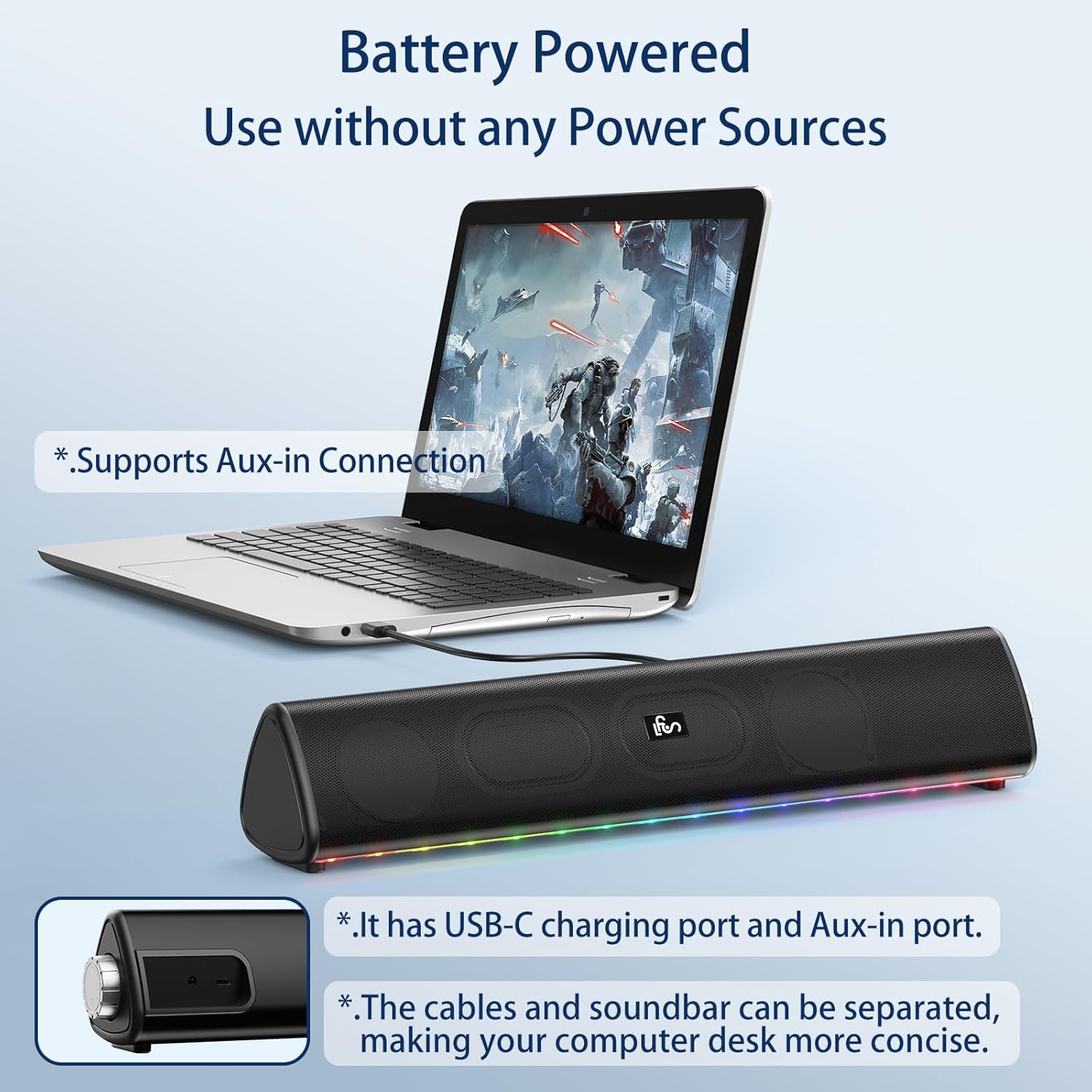 Bluetooth Computer Speaker – 20W Hi-Fi Soundbar with RGB Lights, AUX/Bluetooth, All-in-One Control