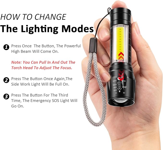 4pk USB Rechargeable Flashlights – 3 Modes, Zoomable LED with COB Side Light