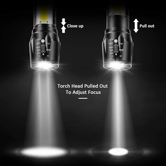 4pk USB Rechargeable Flashlights – 3 Modes, Zoomable LED with COB Side Light