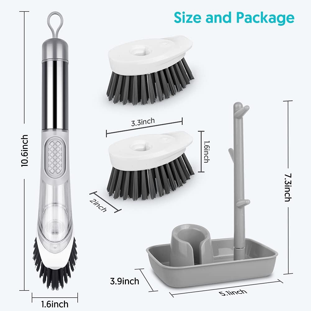 Leak-Proof Soap Dispensing Dish Brush with Holder & 3 Refill Heads