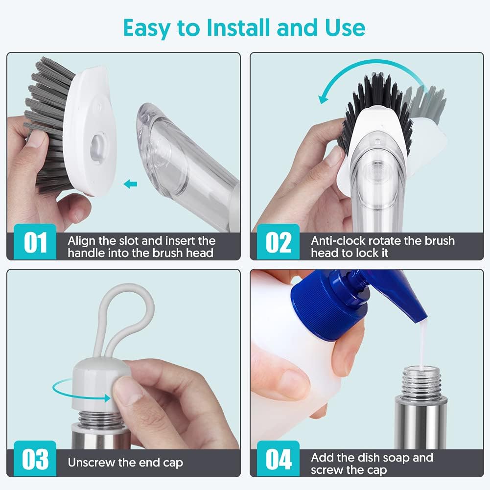 Leak-Proof Soap Dispensing Dish Brush with Holder & 3 Refill Heads