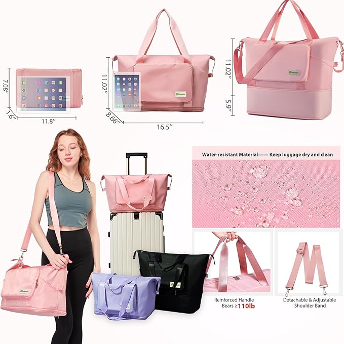 Foldable Travel Duffel Bag – Expandable Water-Resistant Weekender Tote with Wet Compartment (Pink)