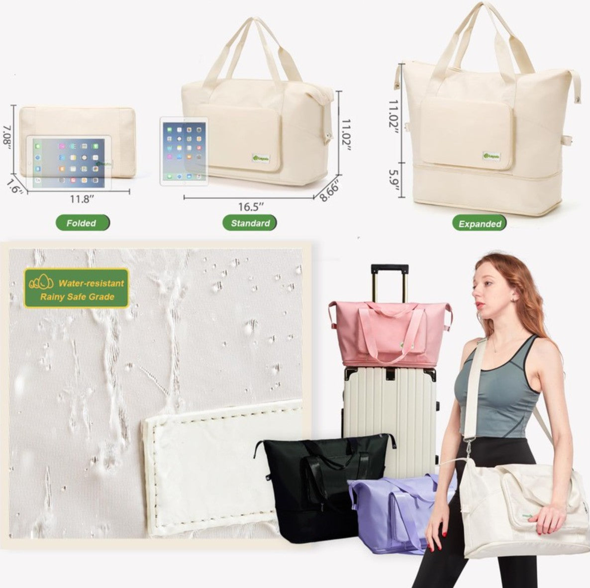 Lugarts Foldable Travel Duffel Bag – Beige Expandable Water-Resistant Weekender with Wet Compartment