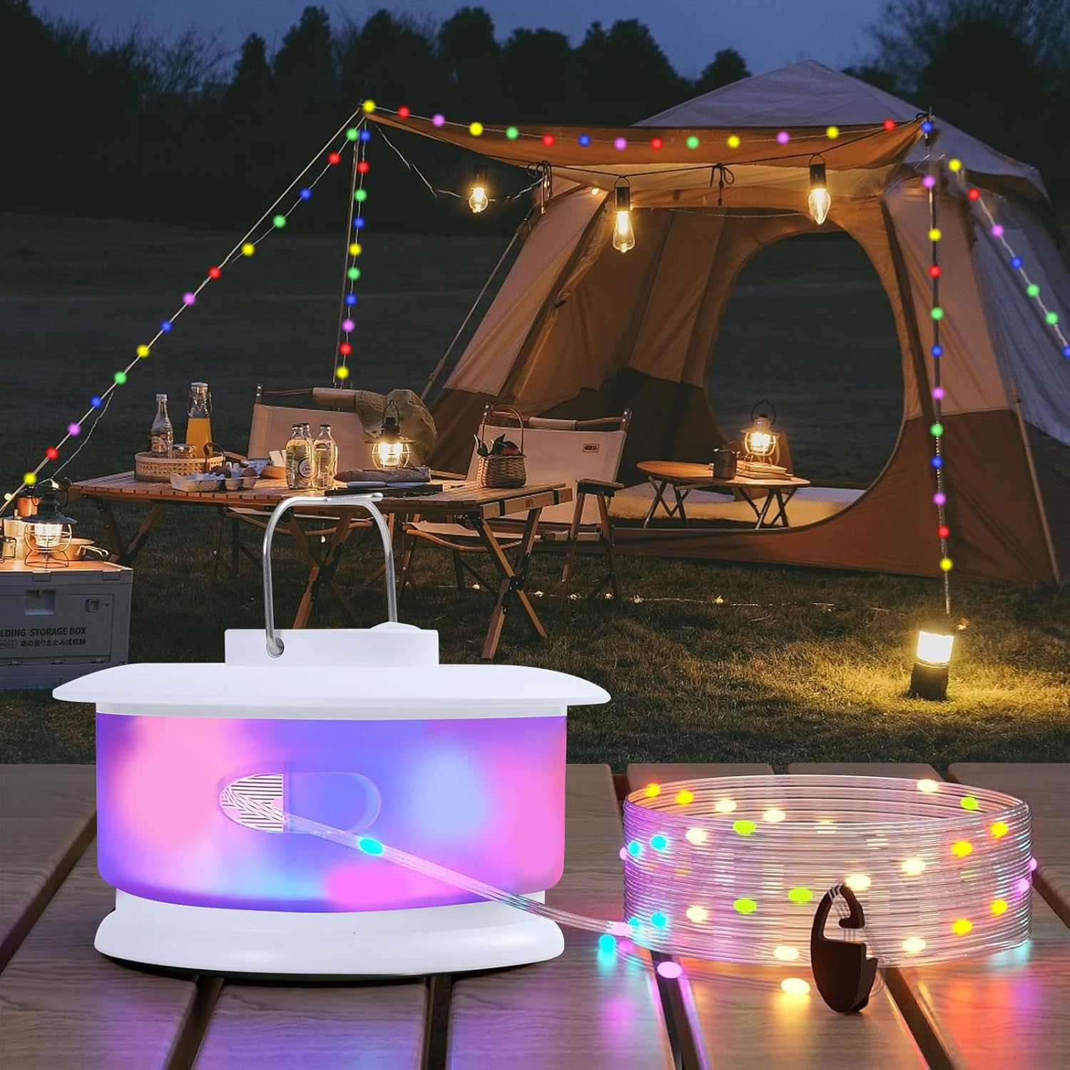 Camping String Lights Outdoor – Portable Rechargeable Tent Lamp, 33ft Colorful LED