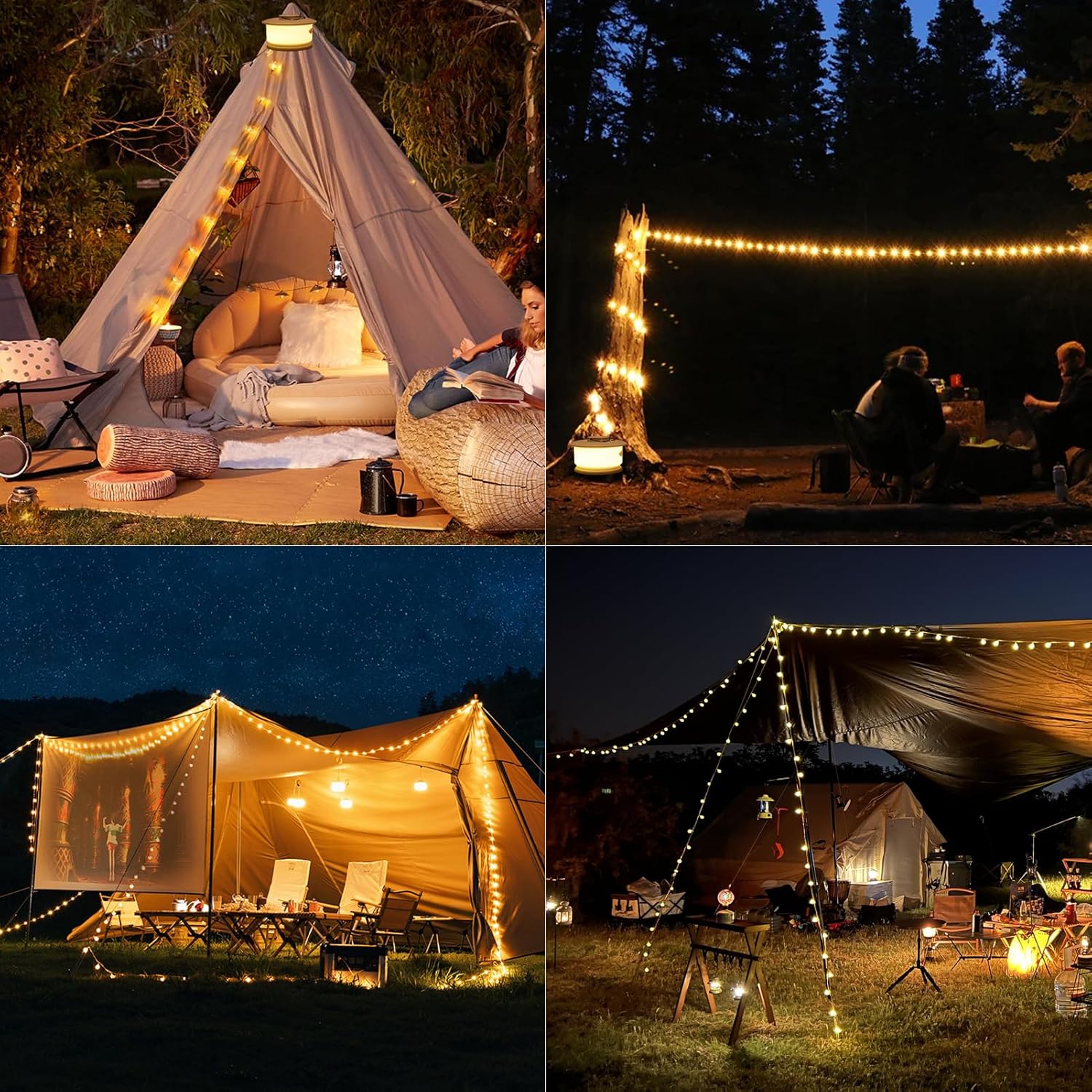 Camping String Lights Outdoor – Portable Rechargeable Tent Lamp, 33ft Colorful LED