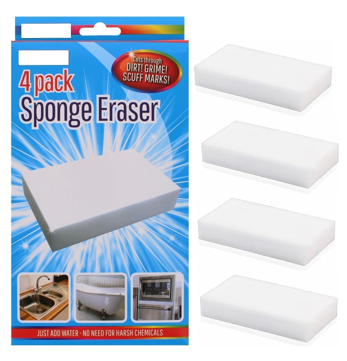 4pk Miracle Eraser Sponge – Water Activated, Scratch-Free Multi-Surface Cleaning Pads