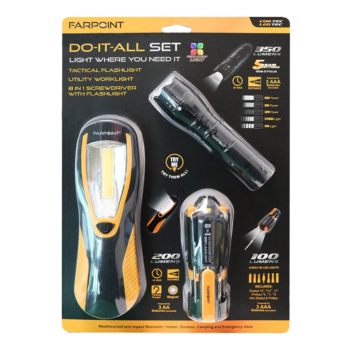 FARPOINT Do-It-All™ Flashlight Set – Tactical Flashlight, Work Light & 8-in-1 Lighted Screwdriver