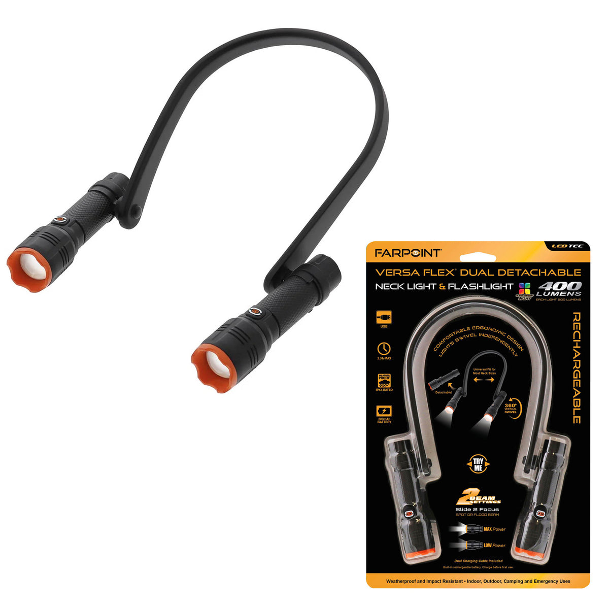 Farpoint Dual Detachable Neck Light & Flashlight – 400 Lumens Rechargeable