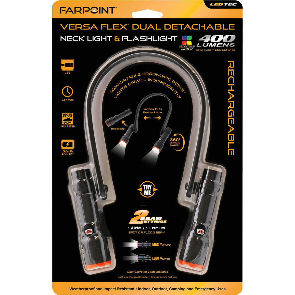 Farpoint Dual Detachable Neck Light & Flashlight – 400 Lumens Rechargeable