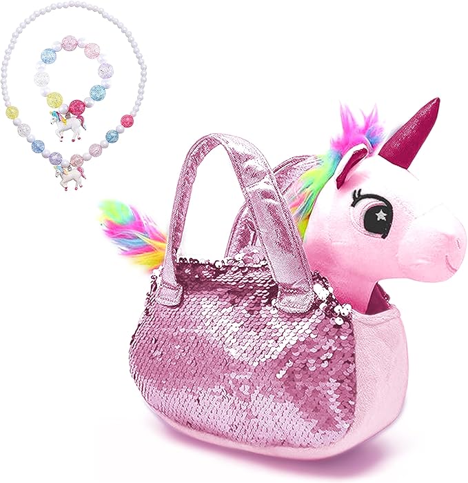 Plush 8" Unicorn Toy Set with Purse ,Necklace, & Bracelet – Unicorn Gift Set for Girls