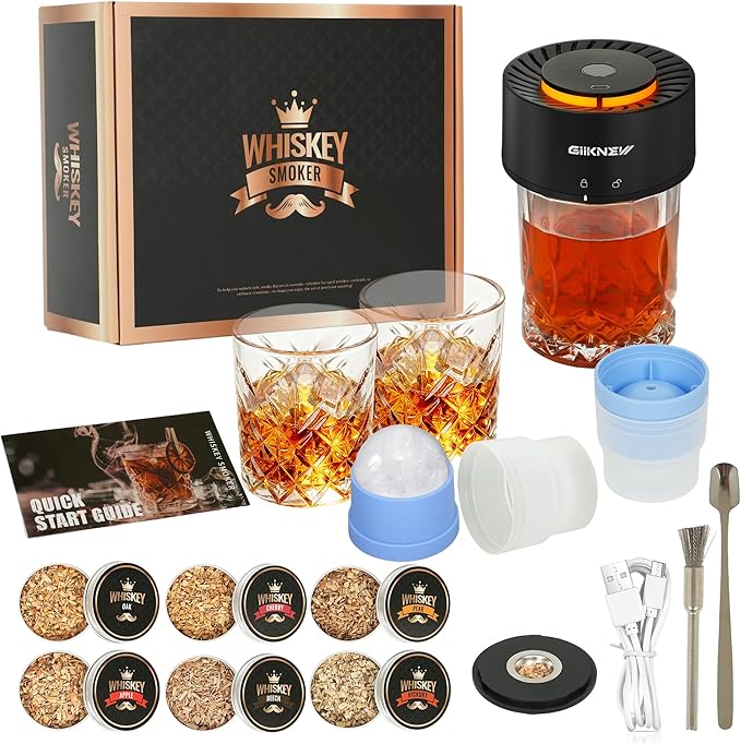 Electric Whiskey Smoker Kit – 2 Ice Ball Molds, 2 Glasses, Built-in Li