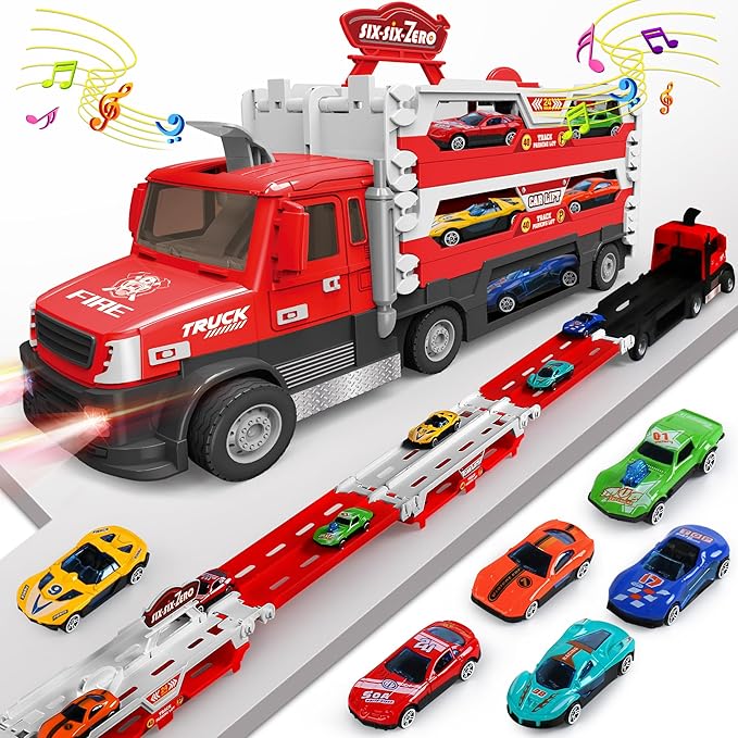Carrier Truck Toy – 4.6ft Foldable Hauler Track – 6 Metal Race Cars with Lights & Sounds