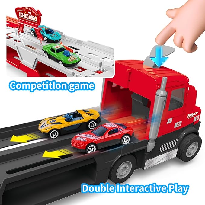 Carrier Truck Toy – 4.6ft Foldable Hauler Track – 6 Metal Race Cars with Lights & Sounds