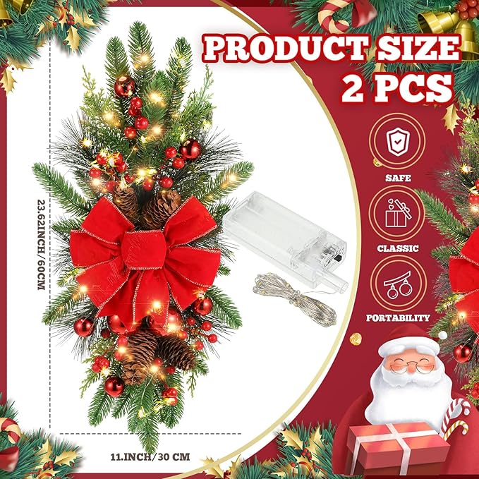 2pk Pre-Lit Christmas Wreath Swags – 24″ Battery Operated Garland Décor