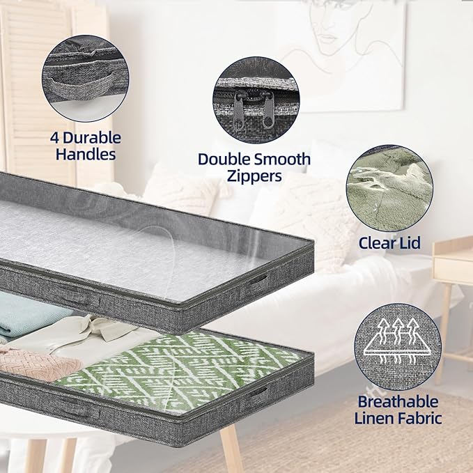 4pk Low Profile Under Bed Storage Bins – Foldable with Clear Lid