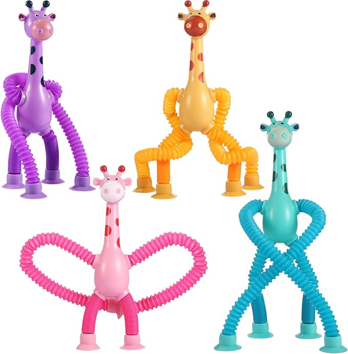 4-Pack Pop Tube Giraffe Sensory Fidget Toys w/ Suction Cups – Stretchy Travel Toys for Kids Ages 3+