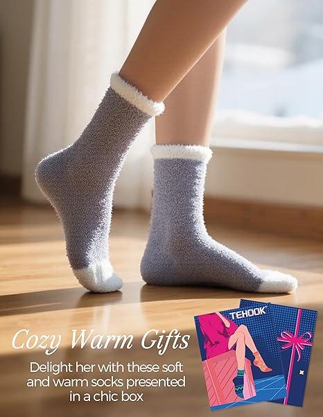 6pk Fluffy Fuzzy Slipper Socks for Women – Warm Cozy Plush Sleep Socks