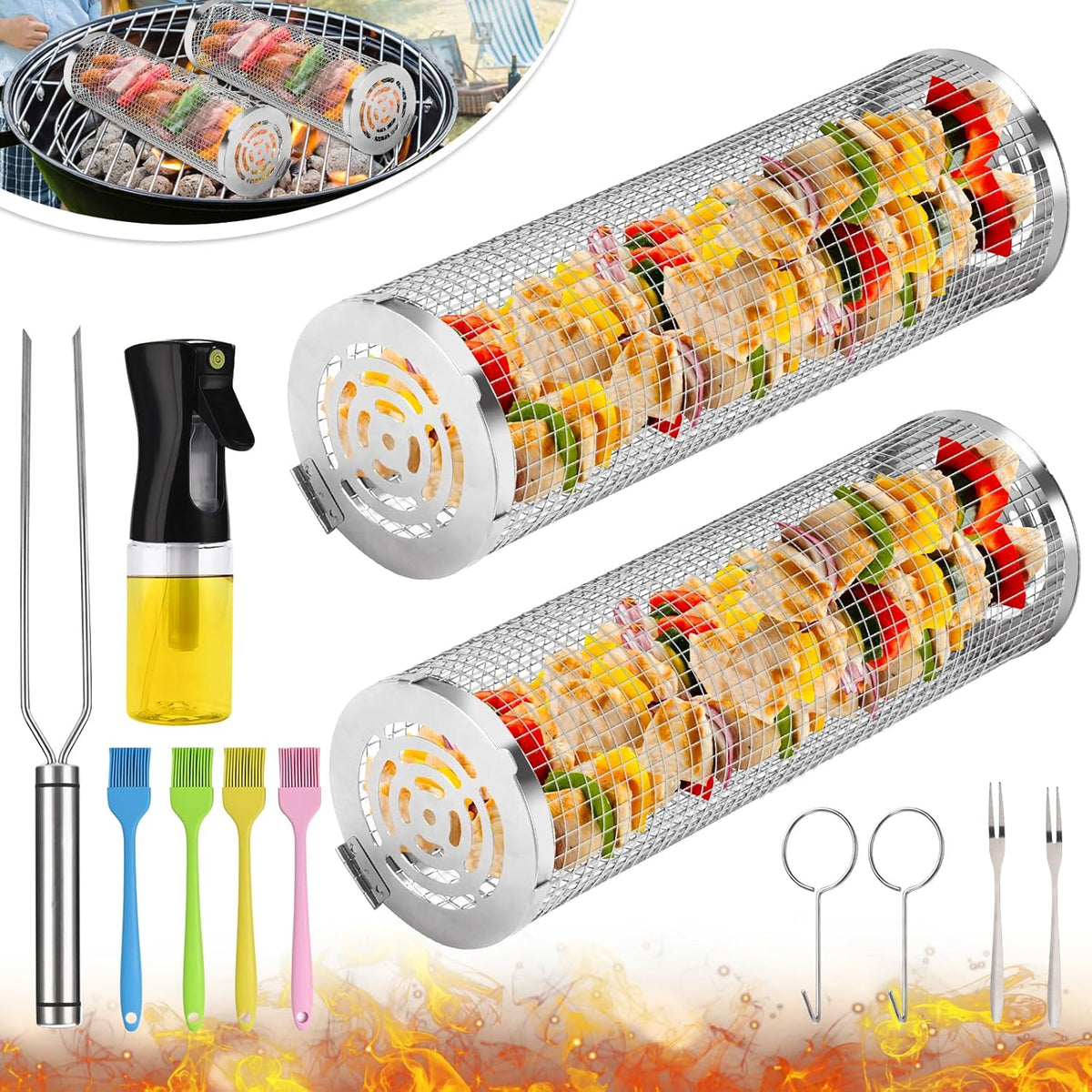 2-Pack Stainless Steel Rolling Grill Basket - Heavy Duty BBQ Mesh for Vegetables & Seafood