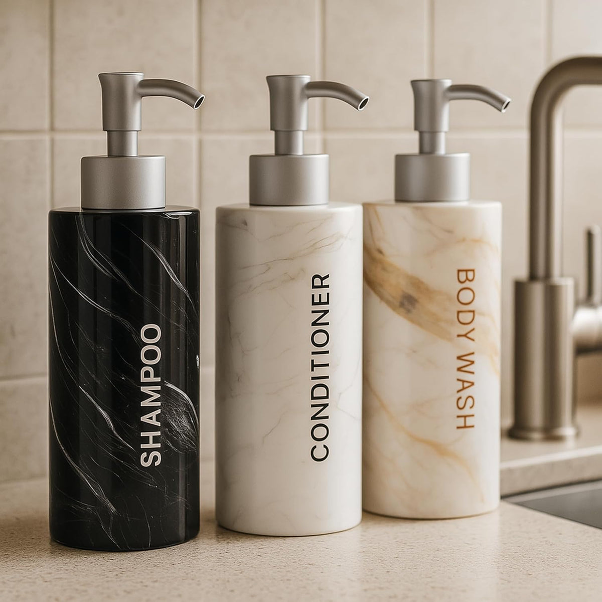 Luxury 3-Chamber Wall Mounted Shower Dispenser Set – No-Drill Marble Design