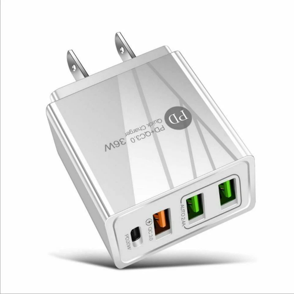 36W Quad-Port Fast Wall Charger with Power Delivery (PD) & Quick Charge 3.0