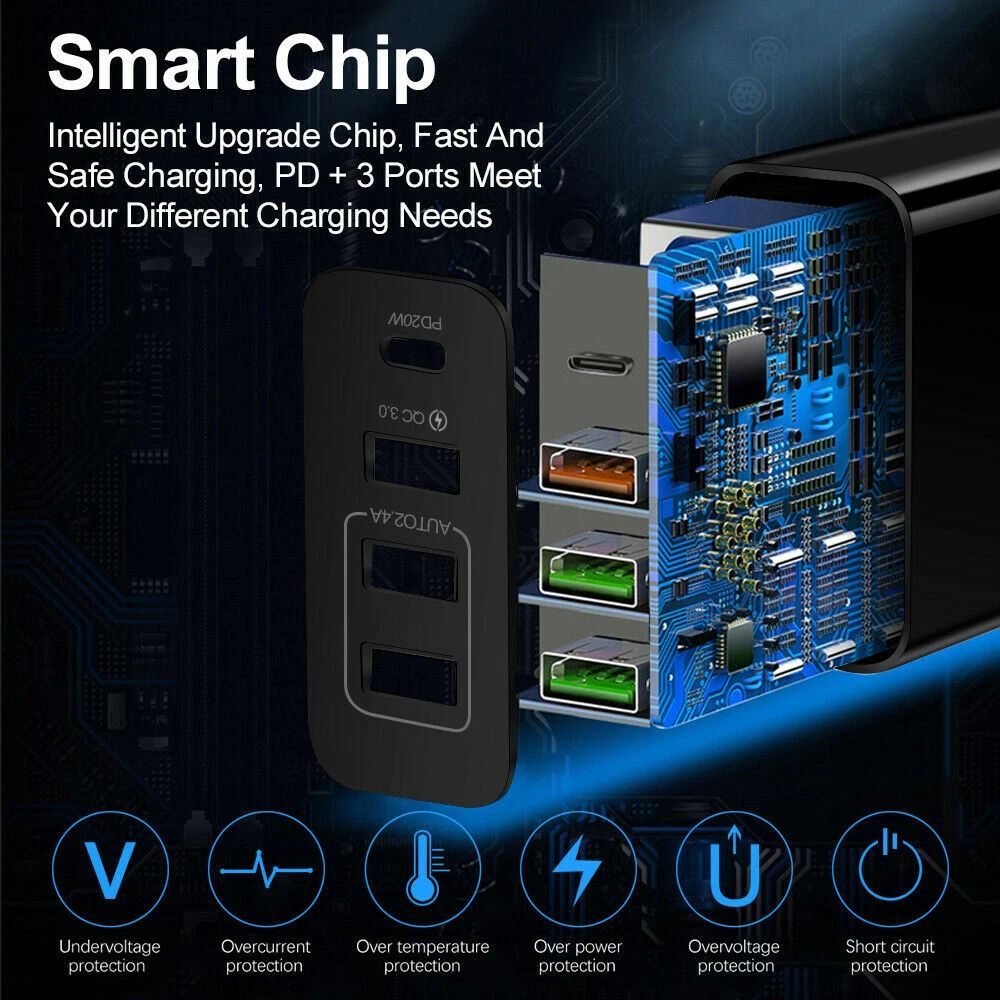 36W Quad-Port Fast Wall Charger with Power Delivery (PD) & Quick Charge 3.0