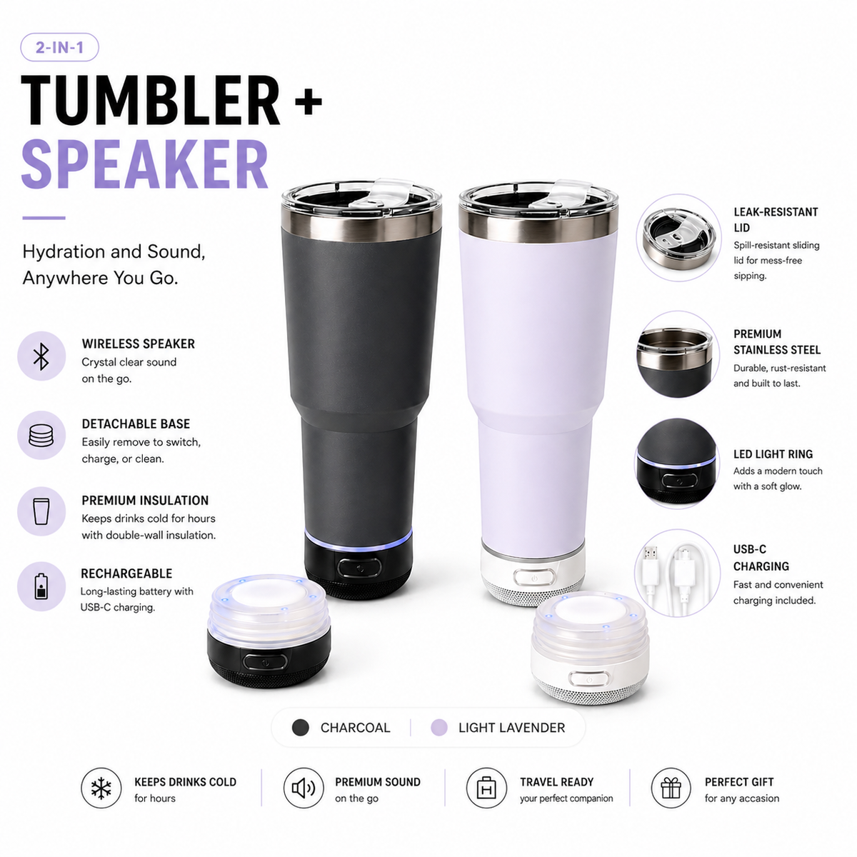 30oz Speaker Tumbler with Detachable Bluetooth Base – Insulated Travel Mug