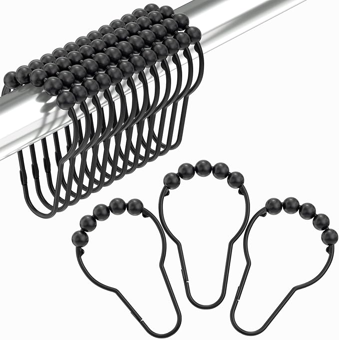 Premium Stainless Steel Roller Ball Shower Curtain Hooks – 12 Pack (Available in Black & Silver)