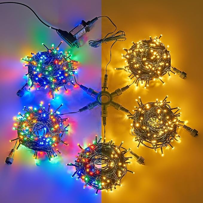 String lights in colorful and warm white on a split background
