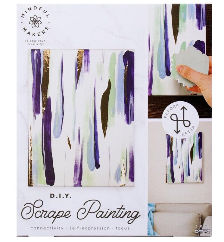 D.I.Y. Scrape Painting kit with paint swatches and a hand holding a tool, featuring the brand 'Mindful Makers'.