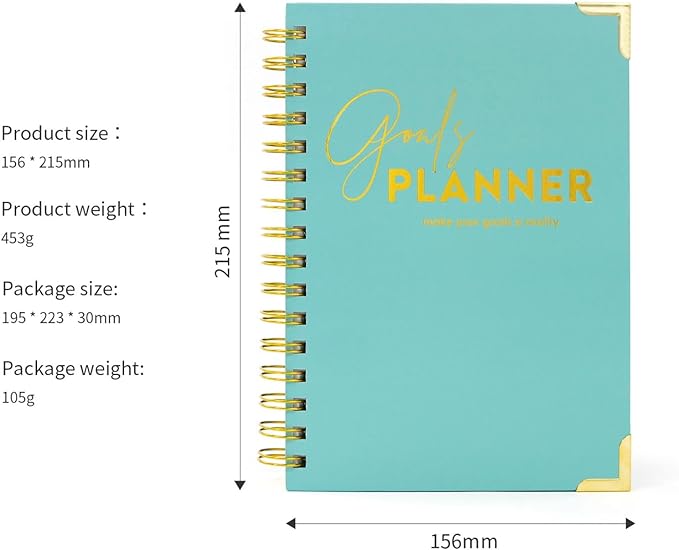 Joucien Weekly Goal Planner - High Quality Aqua Spiral Notebook