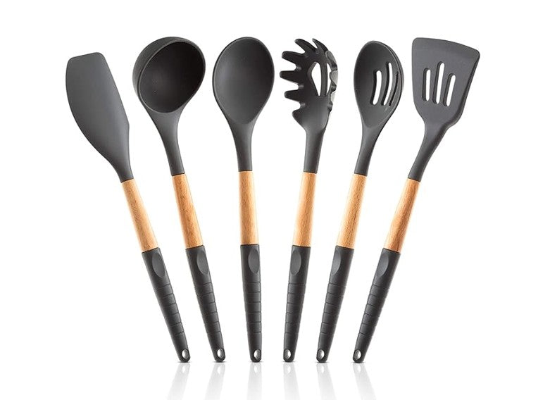 6-Piece Silicone Cooking Utensils Set with Natural Wood Handles