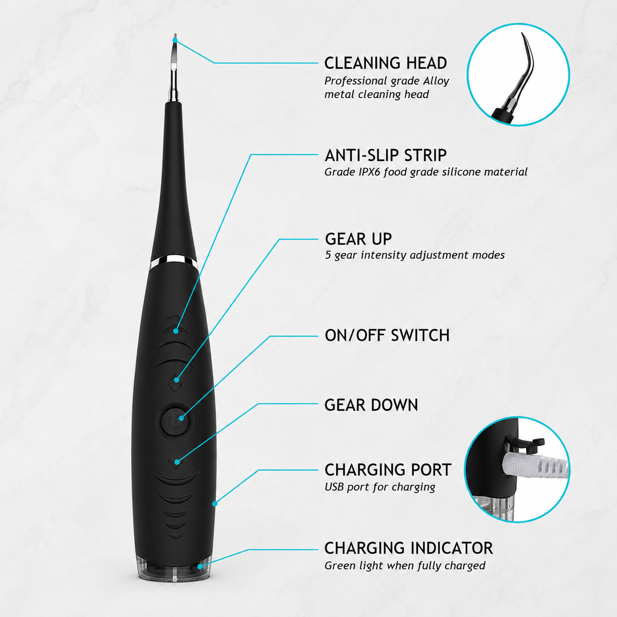 Dental Calculus Remover with USB Charging & Mirror – 5-Speed Tartar & Plaque Cleaner