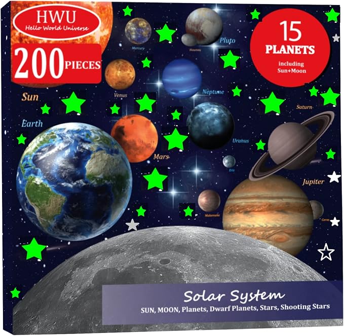 Hello World 200-Piece Glow in the Dark Stars and Solar System Set - 15 Planets for Ceilings and Walls